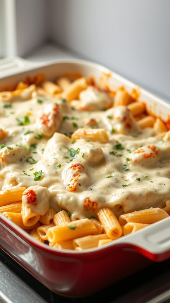 A creamy Chicken Alfredo Pasta Bake with pasta and cheese