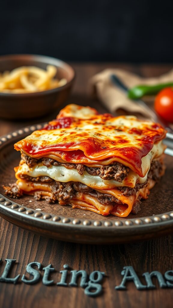 A delicious serving of classic beef lasagna layered with cheese and meat.