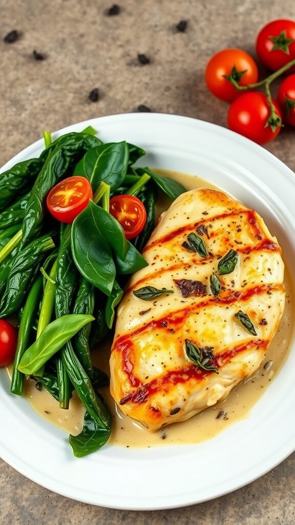Plate of creamy garlic Tuscan chicken with spinach and cherry tomatoes.