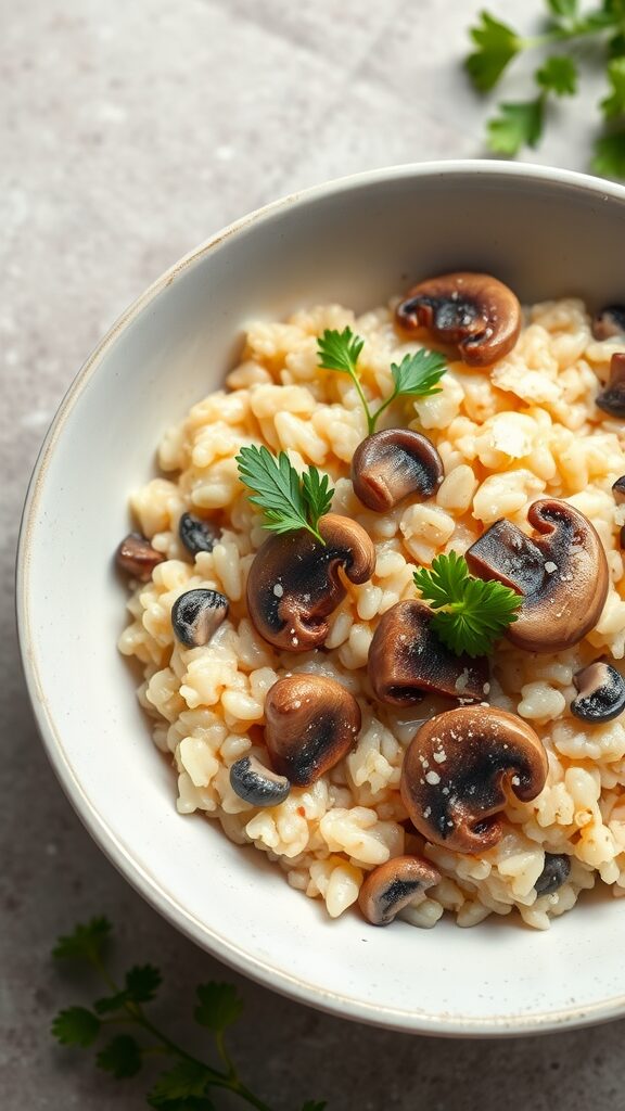 A creamy mushroom risotto garnished with parsley in a bowl.