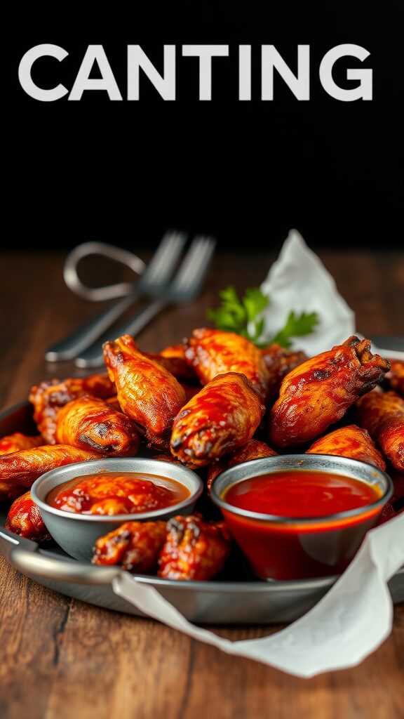A plate of crispy baked chicken wings served with dipping sauces.