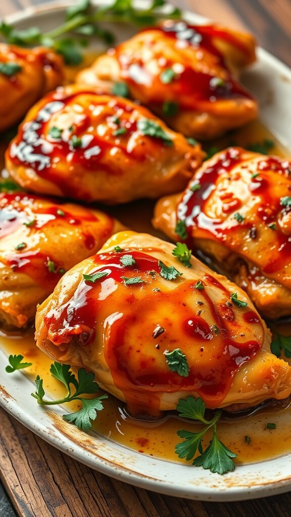 Honey garlic glazed chicken thighs served on a plate, garnished with parsley.