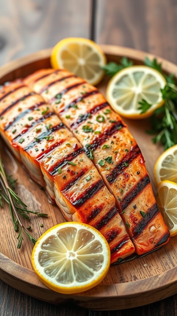 food recipes for dinner Grilled salmon fillets garnished with lemon slices and herbs