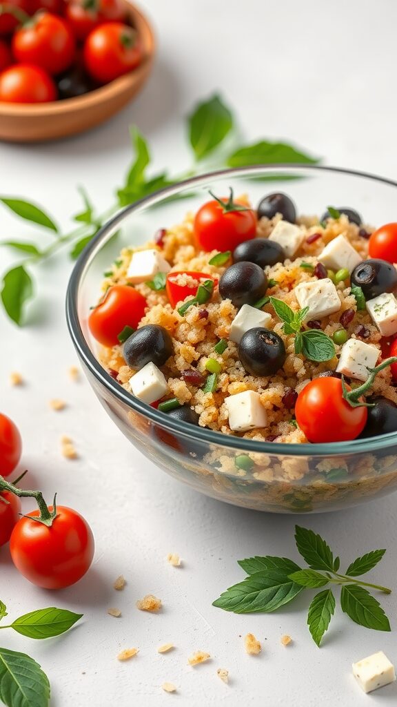 A bowl of Mediterranean quinoa salad with cherry tomatoes, black olives, and feta cheese.