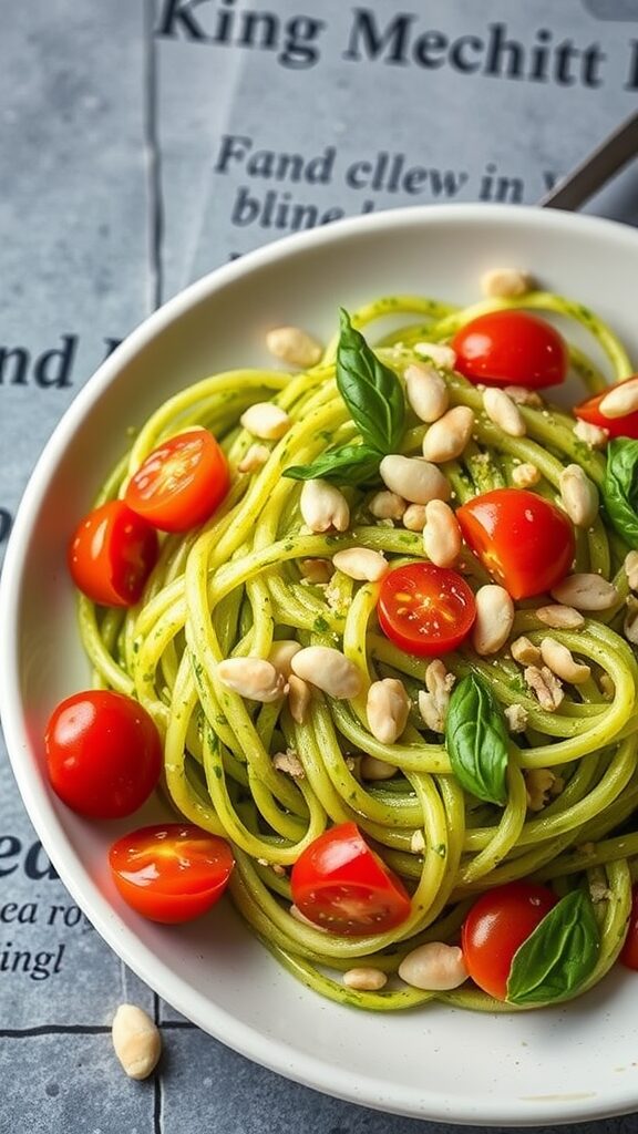 Pesto zucchini noodles with cherry tomatoes and pine nuts
