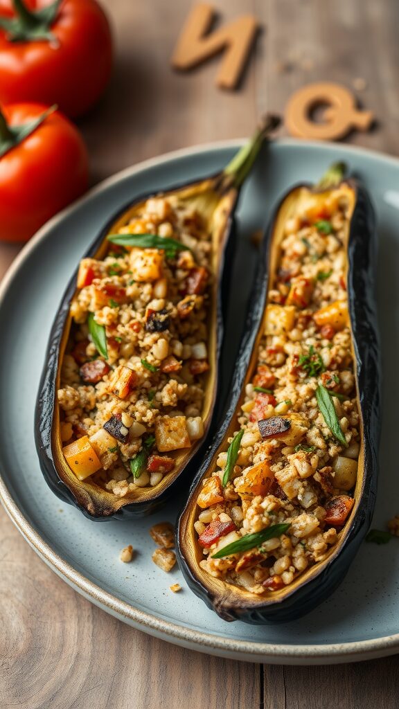Savory stuffed eggplant filled with vegetables and grains on a plate.