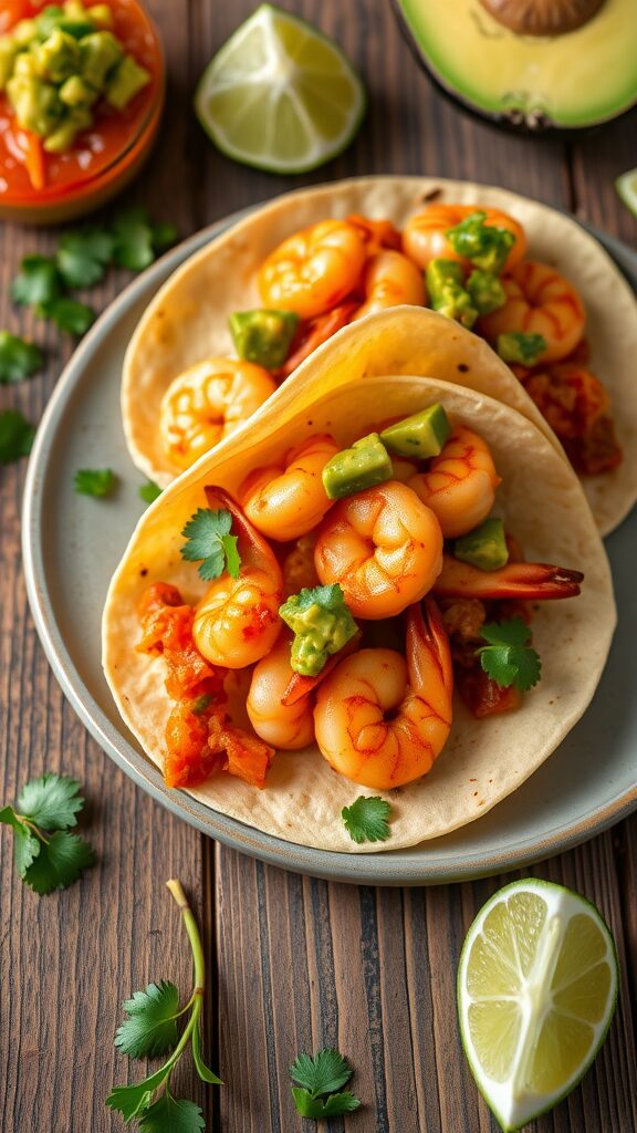 Delicious spicy shrimp tacos topped with avocado salsa and fresh cilantro.
