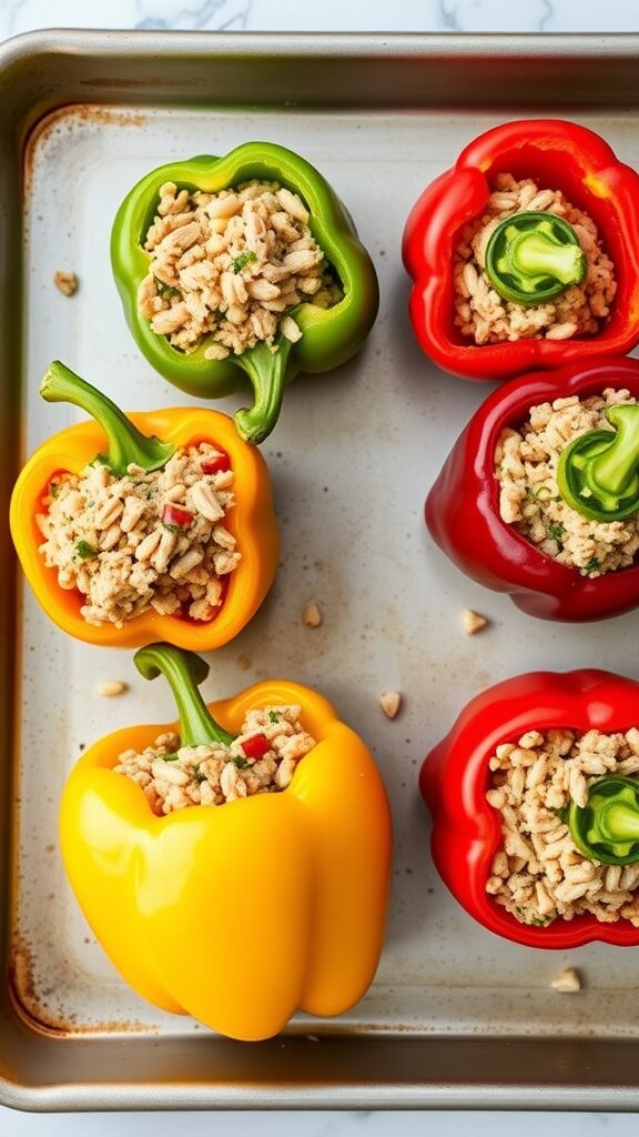 Stuffed bell peppers on a baking tray filled with a savory mixture