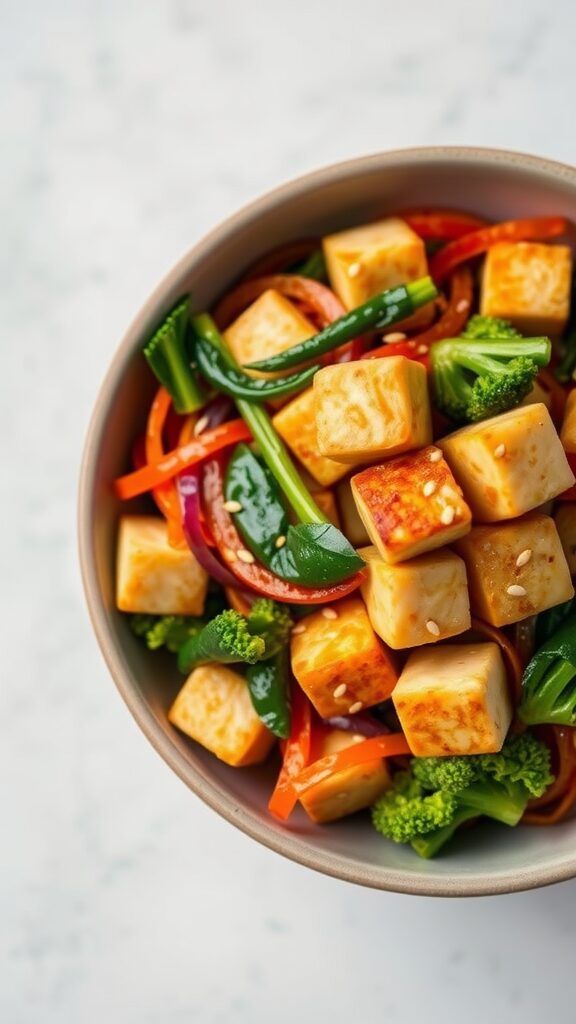 A colorful bowl of vegetable stir-fry with tofu, featuring bell peppers, broccoli, and sesame seeds.