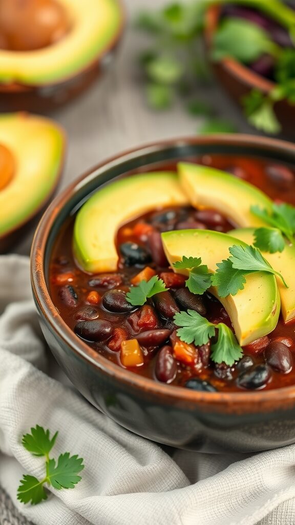 A bowl of Vegetarian Black Bean Chili topped with avocado slices and cilantro